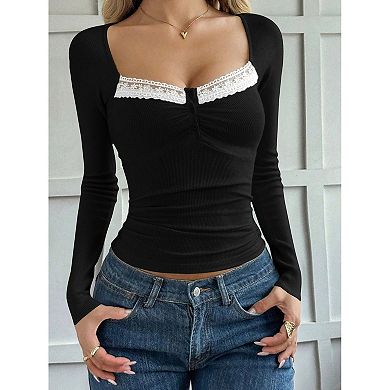 Women's Lace Trim Square Neck Long Sleeve Top, Ribbed Ruched Fitted T-Shirt