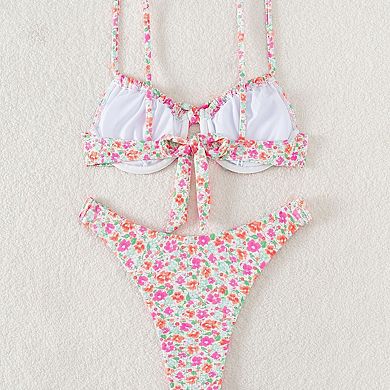 Women Floral Bikini Set Textured High Cut Two Piece Swimsuit with Tie Front