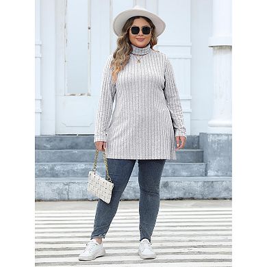 Women Turtleneck Plus Size Sweaters Long Sleeve Ribbed Knit Pullover Sweater Side Split Jumper