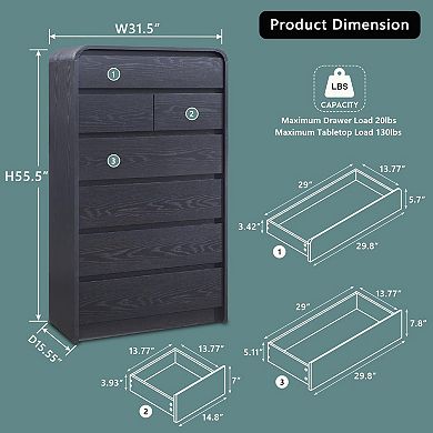Mid-Century Curved Wood 7-Drawer Vertical Dresser