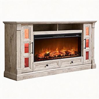 Farmhouse Fireplace TV Stand Entertainment Center Glass Cabinets Drawers