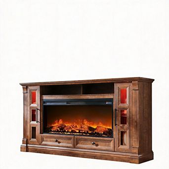 Farmhouse Fireplace TV Stand Entertainment Center Glass Cabinets Drawers
