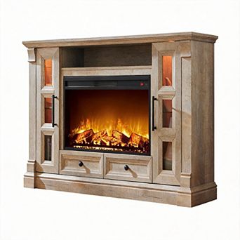 Farmhouse Fireplace TV Stand Entertainment Center Glass Cabinets Drawers