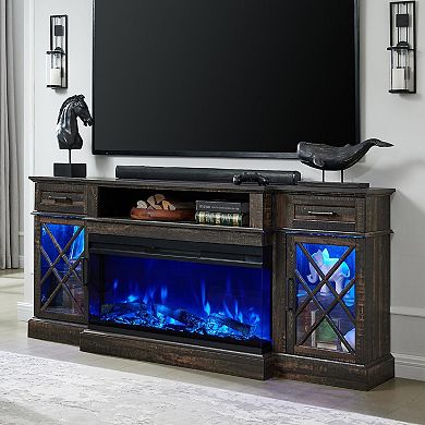 Farmhouse Fireplace TV Stand 3-Sided Glass Storage Entertainment Center