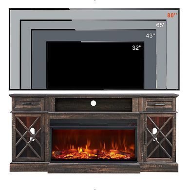 Farmhouse Fireplace TV Stand 3-Sided Glass Storage Entertainment Center