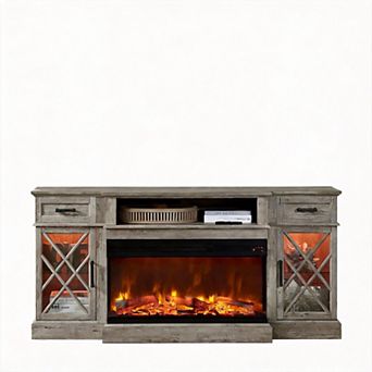 Farmhouse Fireplace TV Stand 3-Sided Glass Storage Entertainment Center