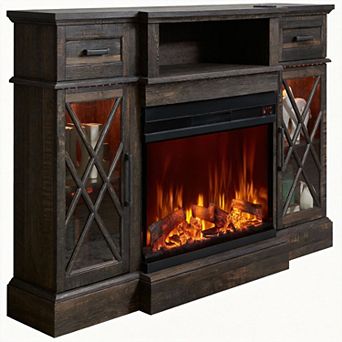Farmhouse Fireplace TV Stand 3-Sided Glass Storage Entertainment Center