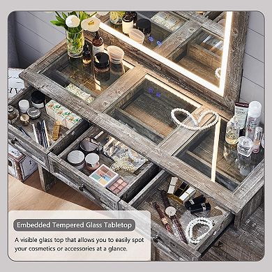 Farmhouse Corner Vanity Desk Glass Top 9 Drawers LED Mirror