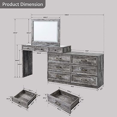 Farmhouse Corner Vanity Desk Glass Top 9 Drawers LED Mirror