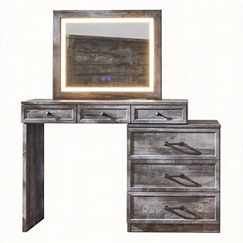 Farmhouse Corner Vanity Desk Glass Top 9 Drawers LED Mirror