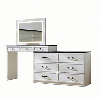 Farmhouse Corner Vanity Desk Glass Top 9 Drawers LED Mirror
