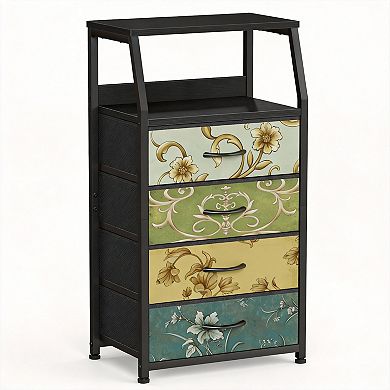 Retro 4-Drawer Fabric Dresser Metal Frame Wood Top