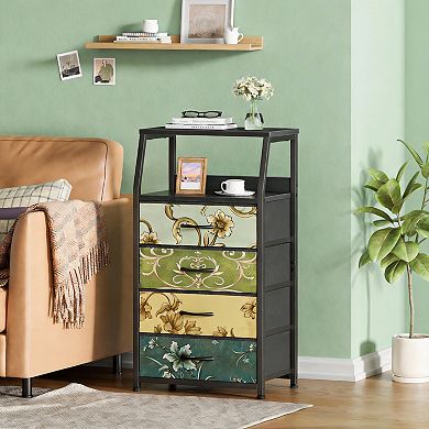 Retro 4-Drawer Fabric Dresser Metal Frame Wood Top