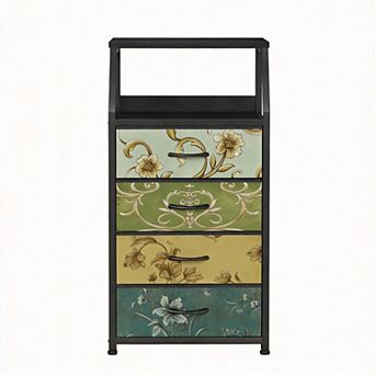Retro 4-Drawer Fabric Dresser Metal Frame Wood Top