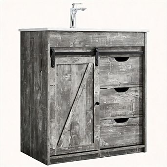 Farmhouse Vanity Sink Cabinet Barn Door Drawers Shelves