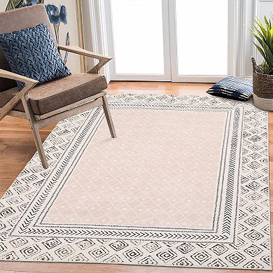 Modern Bordered Area Rug Machine Washable Non Shedding Stain Resistant Carpet for Bedroom Kitchen