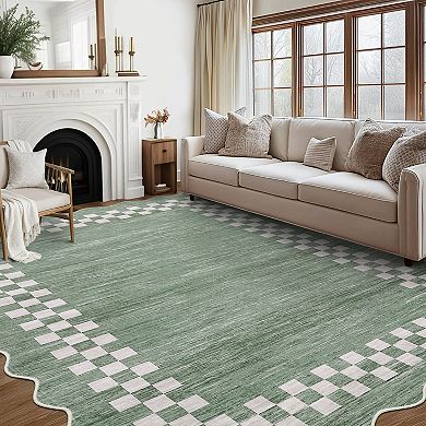 Modern Bordered Area Rug Non Slip Low Pile Machine Washable Floor Cover Kitchen Living Room Hallway