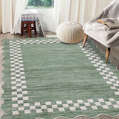 Modern Bordered Area Rug Non Slip Low Pile Machine Washable Floor Cover Kitchen Living Room Hallway