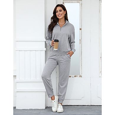 Women 2 Piece Sets 1/3 Zipper Long Sleeve Collared Sweatshirt&Elastic Waist Casual Pant with Pocket