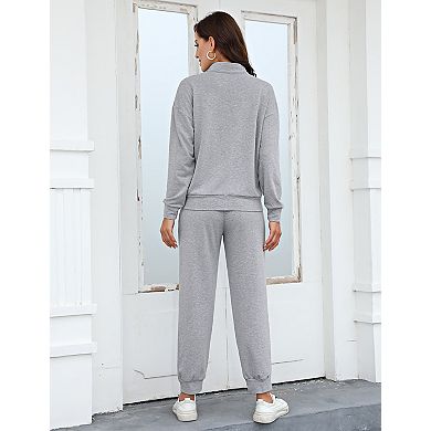 Women 2 Piece Sets 1/3 Zipper Long Sleeve Collared Sweatshirt&Elastic Waist Casual Pant with Pocket