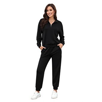 Women 2 pc Sets 1/3 Zipper Long Sleeve Collared Sweatshirt&Elastic Waist Casual Pant with Pocket