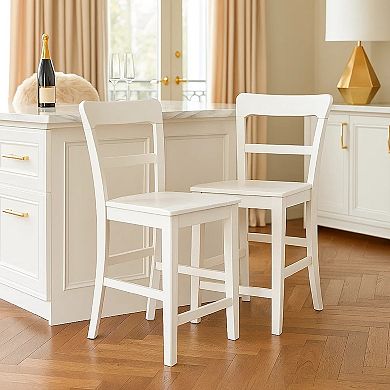 Gela Counter Stool Chair Set of 2, Stylized Ladder Back, Plank Seat