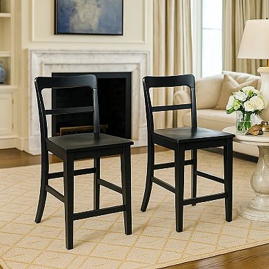 Gela Counter Stool Chair Set of 2, Stylized Ladder Back, Plank Seat