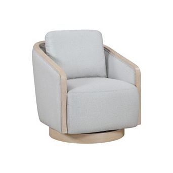 Jely Swivel Accent Armchair, Oak Brown Wood Trim and Base, Gray Polyester