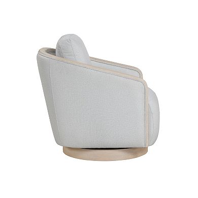 Jely Swivel Accent Armchair, Oak Brown Wood Trim and Base, Gray Polyester