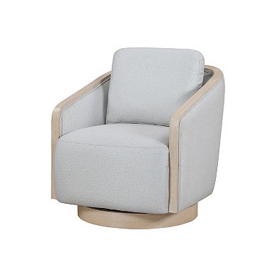 Jely Swivel Accent Armchair, Oak Brown Wood Trim and Base, Gray Polyester