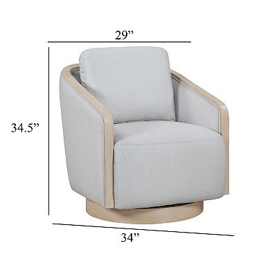 Jely Swivel Accent Armchair, Oak Brown Wood Trim and Base, Gray Polyester