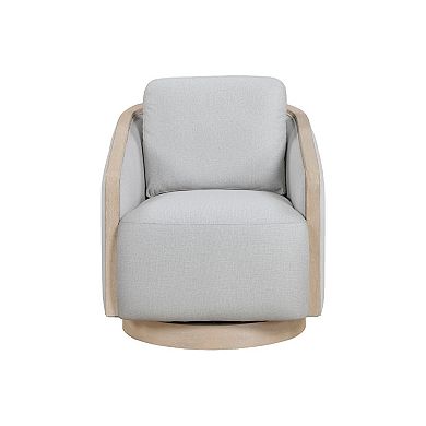 Jely Swivel Accent Armchair, Oak Brown Wood Trim and Base, Gray Polyester