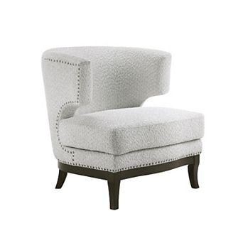 Elly Accent Chair, Barrel Back, Gray Boucle w Nailheads, Brown Wood