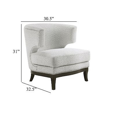 Elly Accent Chair, Barrel Back, Gray Boucle w Nailheads, Brown Wood