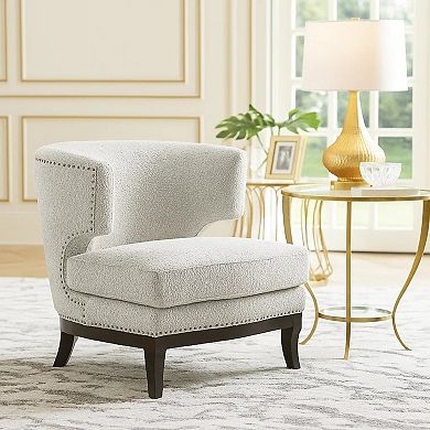 Elly Accent Chair, Barrel Back, Gray Boucle w Nailheads, Brown Wood