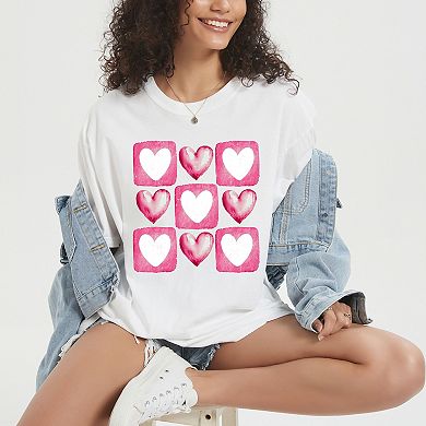 Pink Heart Grid - Women's Garment Dyed Graphic T-Shirt