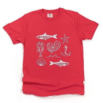 Fisherman Collage - Women's Garment Dyed Graphic T-Shirt