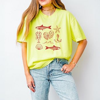 Fisherman Collage - Women's Garment Dyed Graphic T-Shirt
