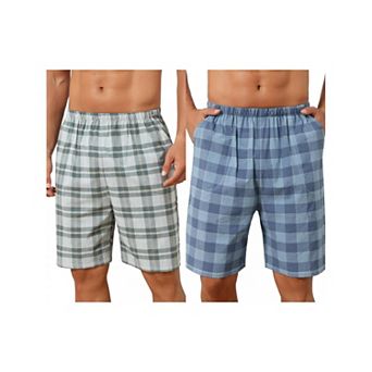 2 Packs Plaid Pajama Shorts for Men's Lightweight Elastic Waist Cotton Sleepwear Bottom with Pockets