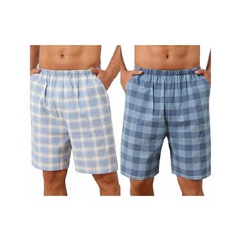 2 Packs Plaid Pajama Shorts for Men's Lightweight Elastic Waist Cotton Sleepwear Bottom with Pockets