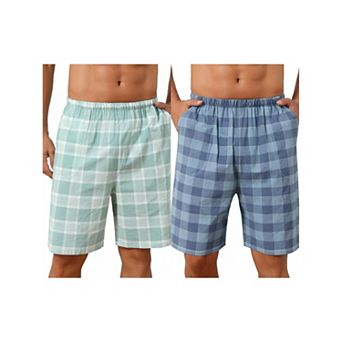 2 Packs Plaid Pajama Shorts for Men's Lightweight Elastic Waist Cotton Sleepwear Bottom with Pockets