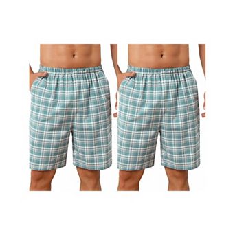 2 Packs Plaid Pajama Shorts for Men's Lightweight Elastic Waist Cotton Sleepwear Bottom with Pockets