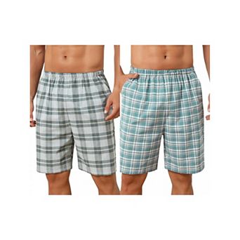 2 Packs Plaid Pajama Shorts for Men's Lightweight Elastic Waist Cotton Sleepwear Bottom with Pockets