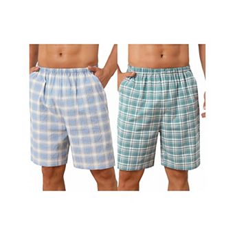 2 Packs Plaid Pajama Shorts for Men's Lightweight Elastic Waist Cotton Sleepwear Bottom with Pockets