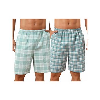 2 Packs Plaid Pajama Shorts for Men's Lightweight Elastic Waist Cotton Sleepwear Bottom with Pockets