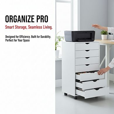KSIZUIS 7-Drawer Mobile File Cabinet - Under Desk Vertical Storage with Wheels & Printer Stand, Whit