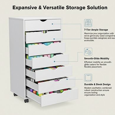 KSIZUIS 7-Drawer Mobile File Cabinet - Under Desk Vertical Storage with Wheels & Printer Stand, Whit