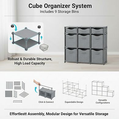 KSIZUIS 9-Cube Organizer with Bins - Easy Assemble Storage Unit for Closet, Nursery, Dorm