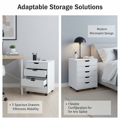 KSIZUIS Halifax 5-Drawer Cabinet - Modern White Composite Wood Storage with Sleek Design