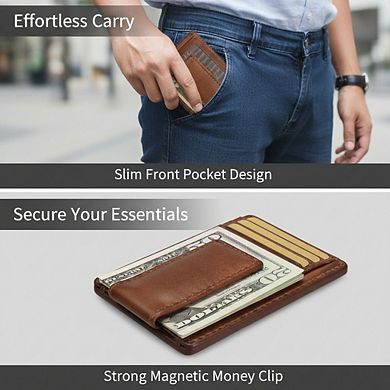 KSIZUIS Full Grain Leather Wallet - Slim Front Pocket Design with Strong Magnetic Money Clip, Gift B